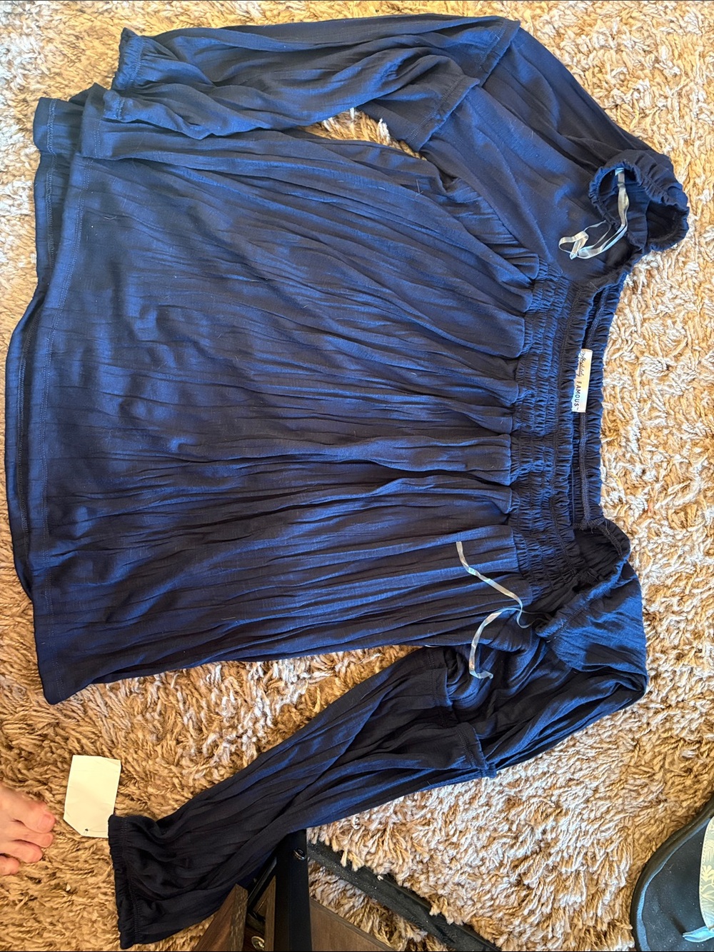 Absolutely Famous Navy Blue Off-Shoulder Peasant Top